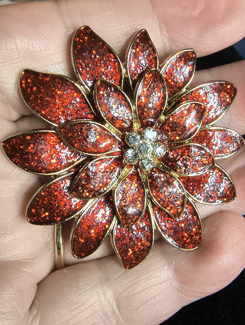 Vintage Christmas Poinsettia Brooch Red Glitter Enamel Gold Tone Rhinestone Pin